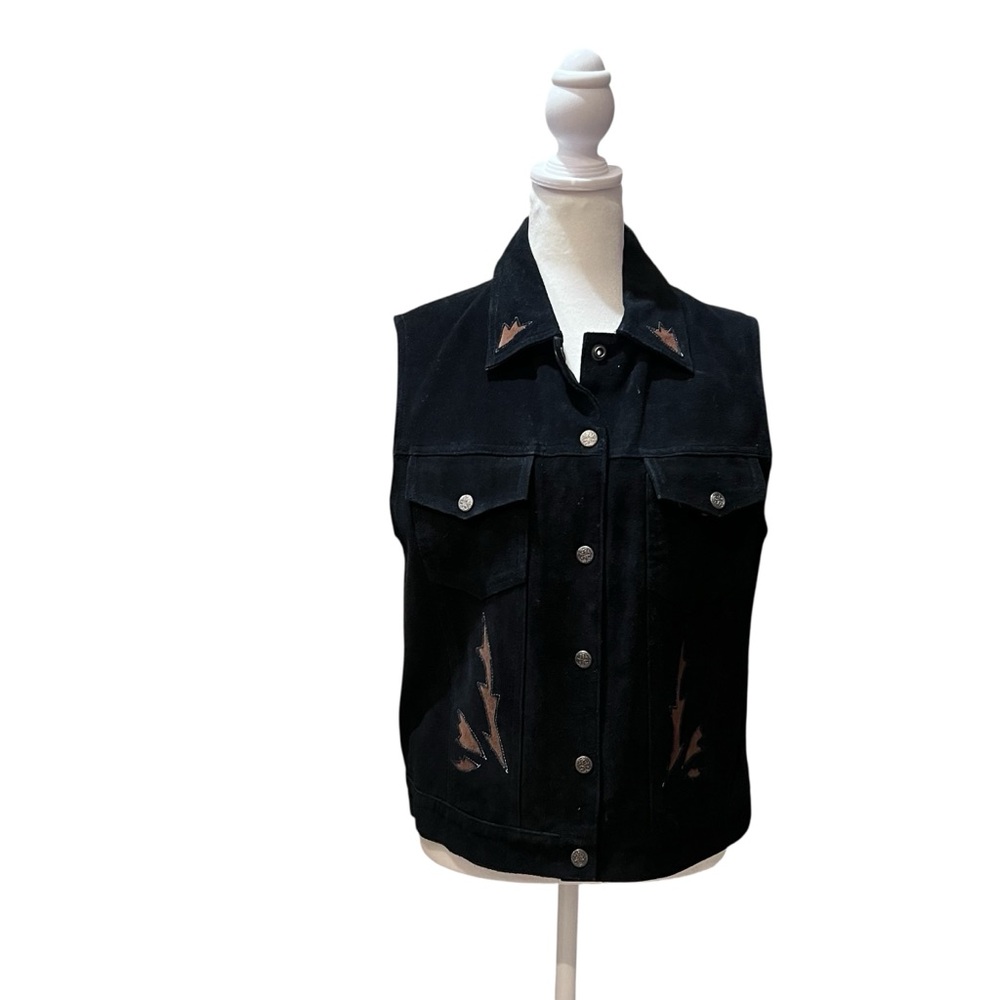 Agapo Black Suede Snap Vest Western Pockets Size Medium
